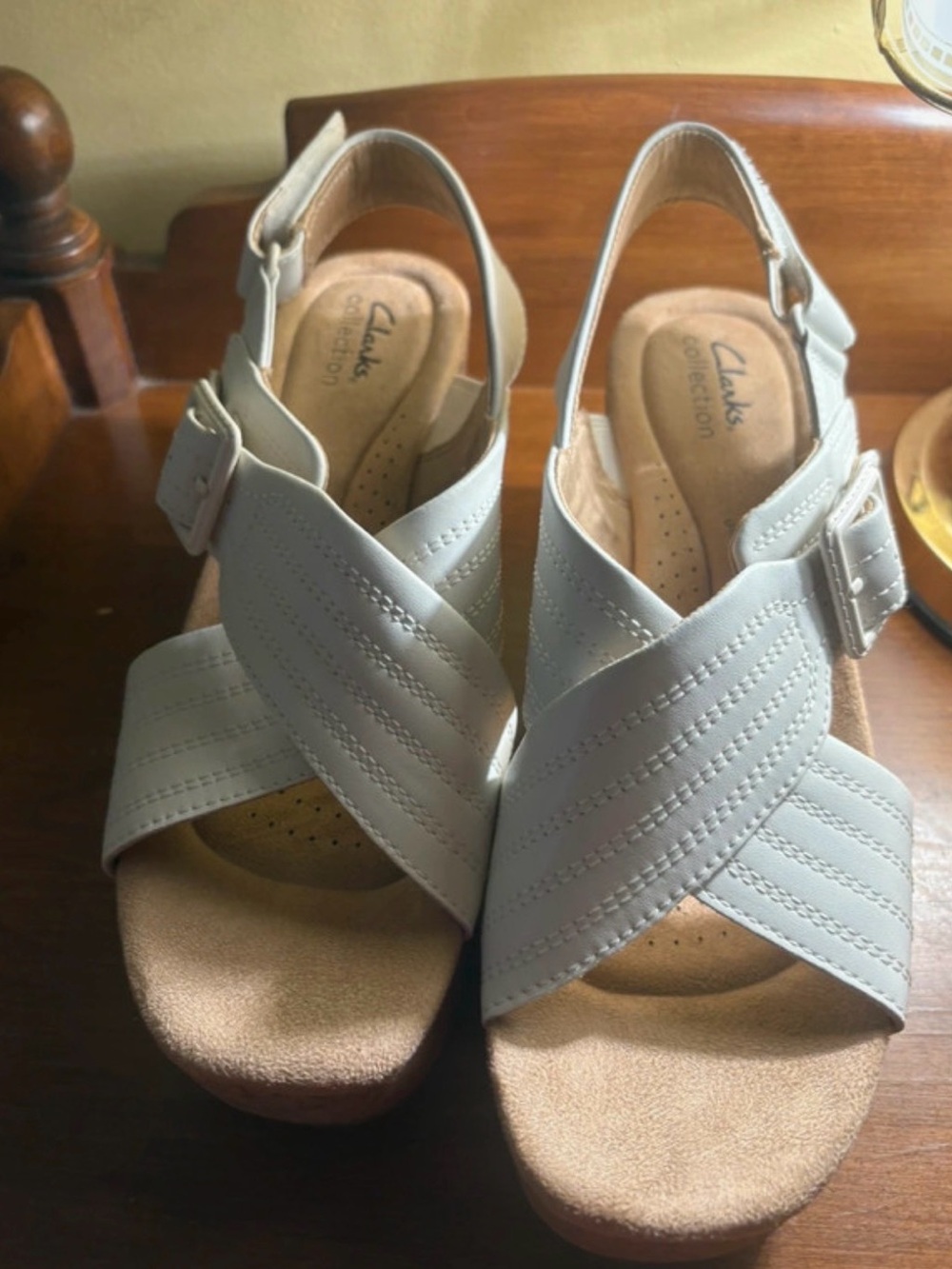 Clarks White Crisscross Wedge Sandals with Buckle